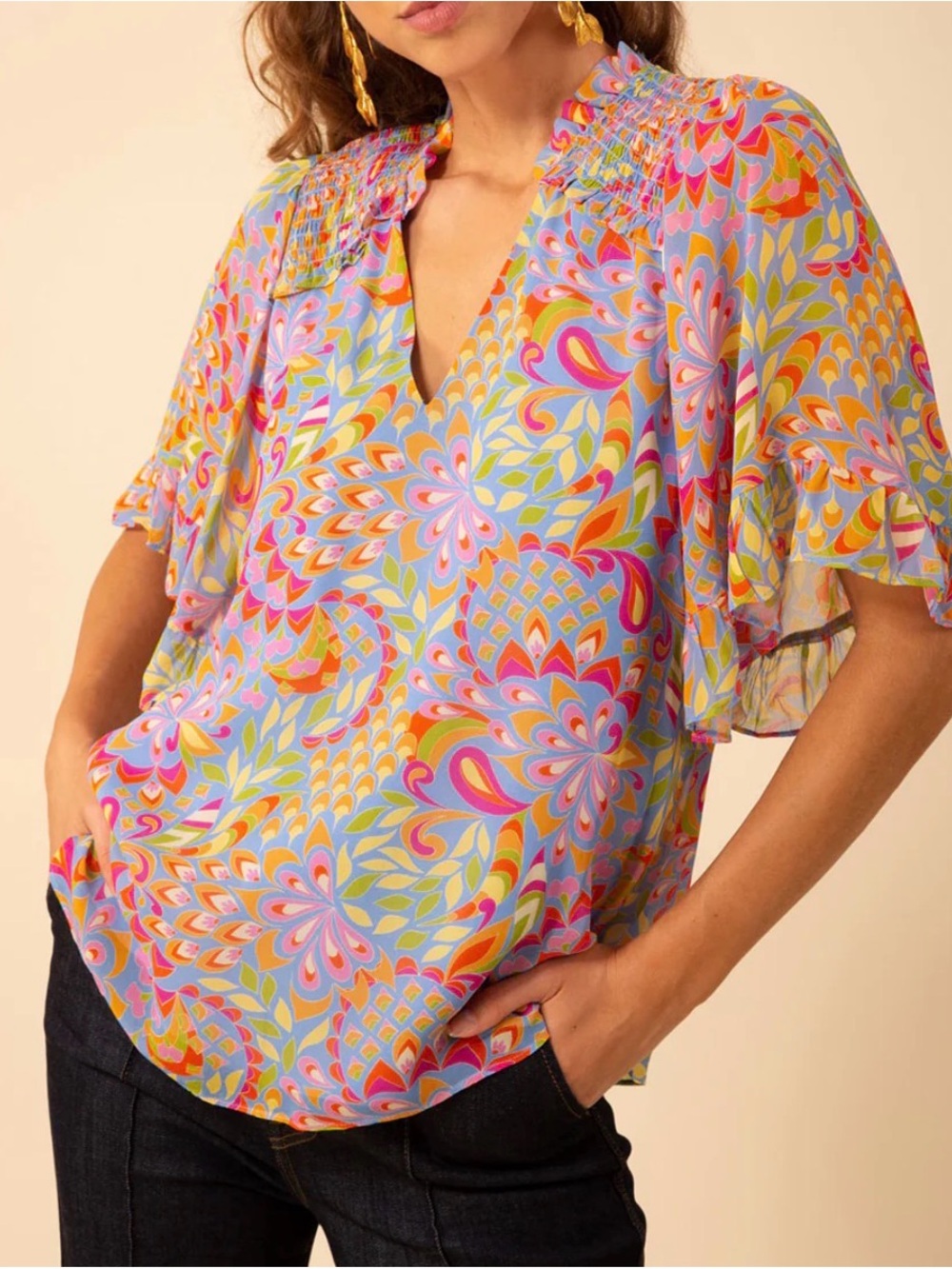 Hale Bob LA EUC Diana Smocked Georgette Top Blue Retro XS
